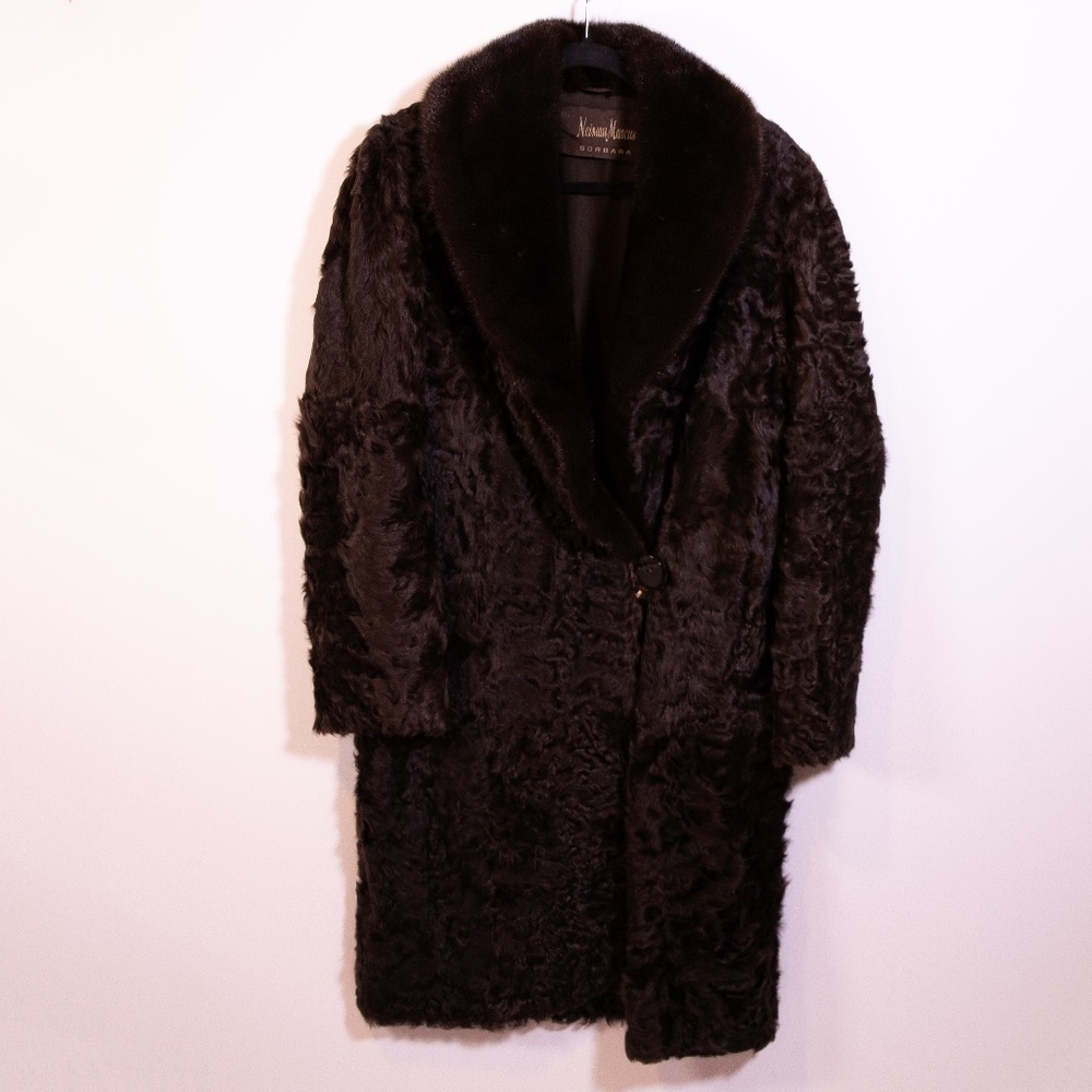 Neiman Marcus Genuine Lamb Fur Mink Trim Collar Mid Length Coat Jacket Brown 8